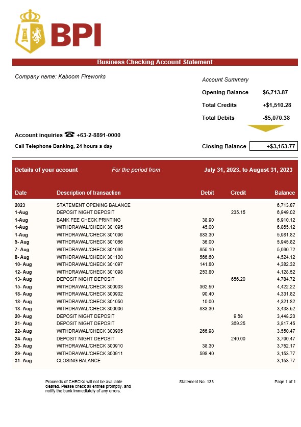 Modèle Word et PDF de déclaration commerciale de la Banque des îles Philippines